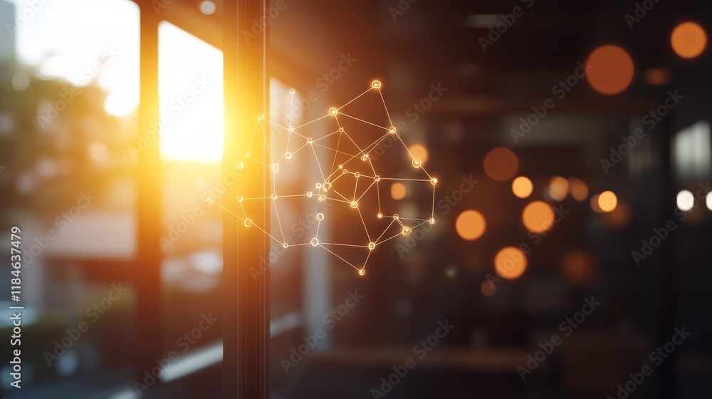 Aufkleber a digital flowchart is displayed against a semi-transparent office window, illuminated by soft sunli