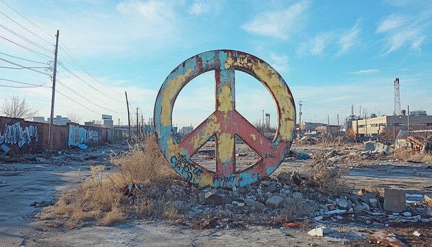 old metal peace sing in rubble of destroyed town