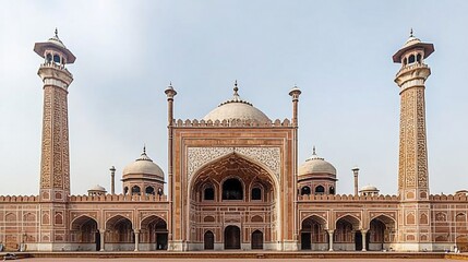 Fototapeta premium Majestic mosque facade, symmetrical architecture, red sandstone, twin minarets, intricate carvings, arched entryway, domes.