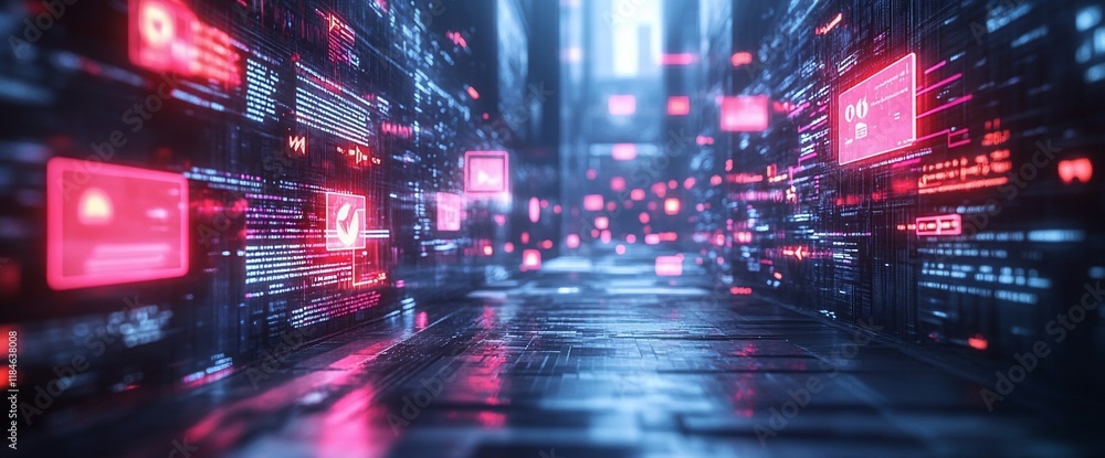 Poster futuristic digital city alley with glowing screens displaying data streams and codes.
