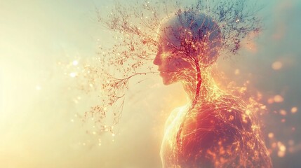 Abstract surreal portrait of a person merging with a tree, glowing with warm light and sparkles.