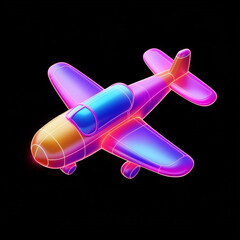 3D cute colorful plane icon in a cartoon style, with neon lights. Game icon.