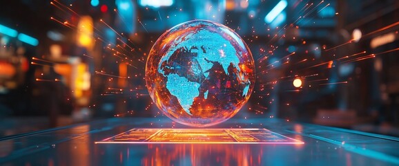 Fototapeta premium Futuristic glowing Earth globe on digital platform.