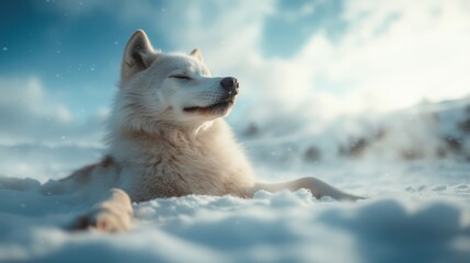 Obraz premium A relaxed fox lies peacefully in soft snow, enjoying the serene ambiance of a winter landscape, highlighting the beauty of nature in tranquility.