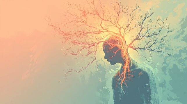 Abstract figure with tree branches growing from head, symbolizing interconnectedness of nature and human mind.