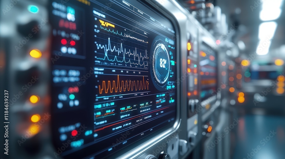 Poster futuristic industrial control panel display with graphs, charts, and data.