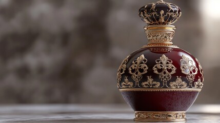 Ornate perfume bottle, sitting,  stone background, luxury, advertisement