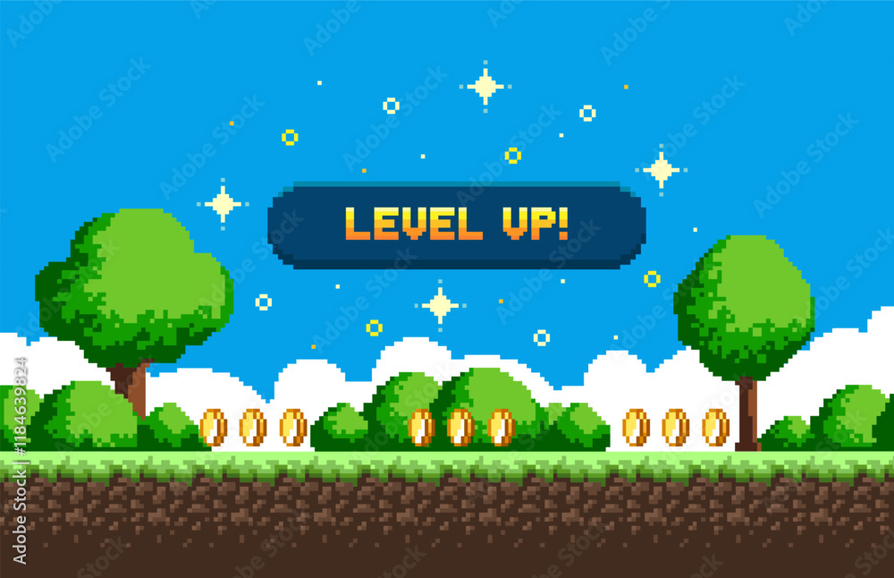 Fototapete pixel art game background with button level up. game design concept in retro style. vector illustrat