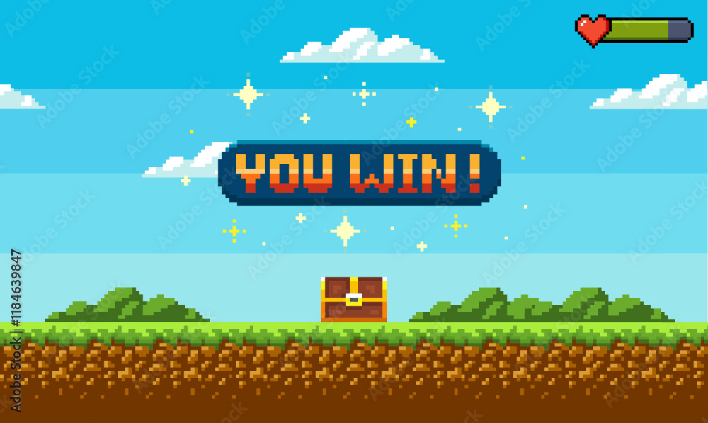 Fototapete pixel art game background with grass, sky and you won game 8-bit text. game screen pixel.