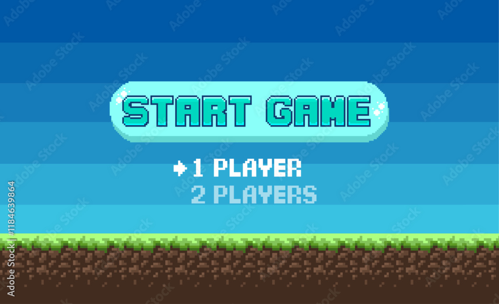 Poster pixel art game background with grass, sky and start new game 8-bit text. game screen pixel.