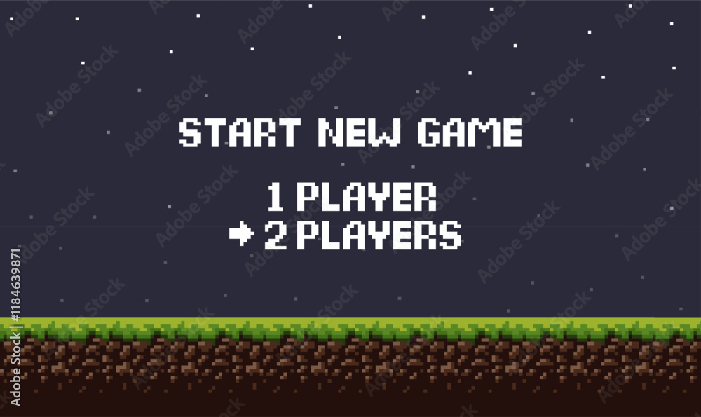 Fototapete pixel art night game background with grass, sky and start new game 8-bit text. game screen pixel