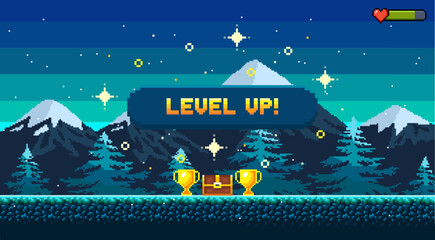 Pixel art game background with button level up. Game design concept in retro style. Vector illustration. Game screen pixel