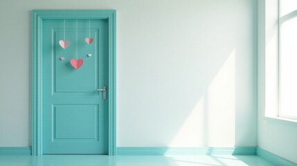 A Teal Door Adorned with Hanging Paper Hearts in a Sunlit Room