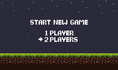 Pixel art night game background with grass, sky and start new game 8-bit text. Game screen pixel