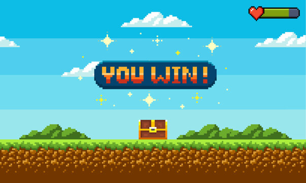 Pixel art game background with grass, sky and you won game 8-bit text. Game screen pixel.