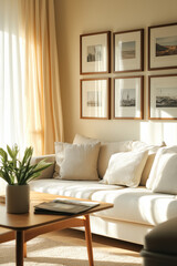 Gemütliches Wohnzimmer mit modernen Bildern und hellen Farben

