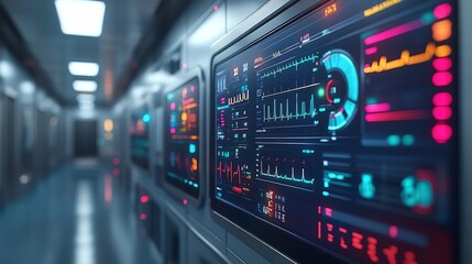 Fototapeta premium Futuristic medical control panel with digital interface displays vital signs in a modern hospital corridor.