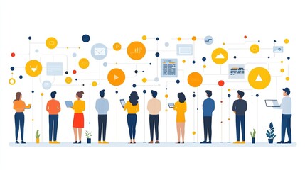 A group of people interacting with digital devices amidst colorful icons representing technology.