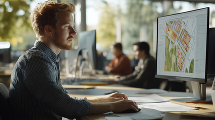 Young professional engineer sitting in modern office. Focused on computer screen, which displays 3D modeling software, construction projects. Office environment, other colleagues working at their desk