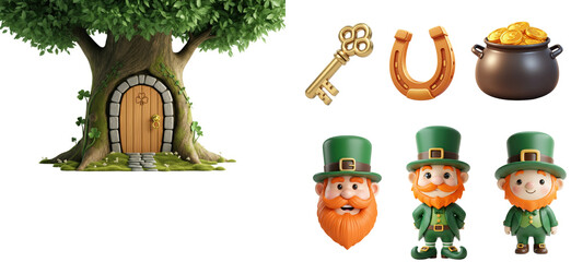 Magical tree entrance with leprechaun accessories and treasure elements in a whimsical setting
