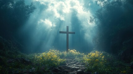 Fototapeta premium A serene cross in a misty forest, illuminated by rays of light, surrounded by vibrant flowers.