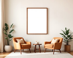 Mockup poster frame on the wall of living room. A stylish reading nook in beige colors