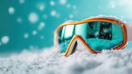 A pair of stylish ski goggles lying in a blanket of fresh snow, capturing the essence of winter sports and adventure in a breathtaking snowy landscape.