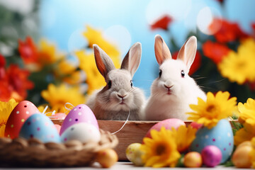 Beautiful easter celebration with eggs and flowers generative AI