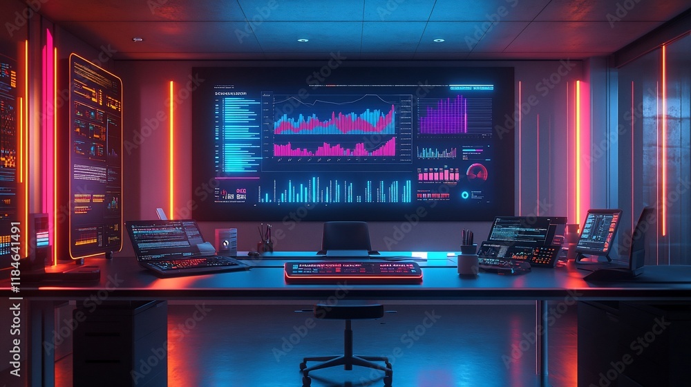 Poster futuristic office interior with neon lights, large screen displaying data graphs and charts, multipl