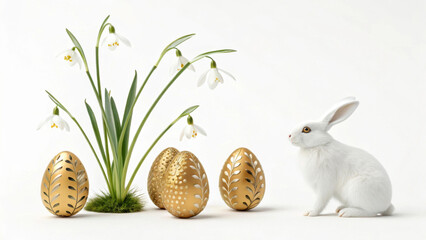 A white rabbit sits next to three ornate golden eggs adorned with leaf patterns. Snowdrop flowers with delicate white petals stand gracefully behind the eggs.Space for text.AI