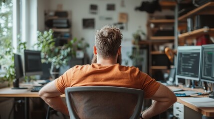 A man sits at his desk immersed in work, framed by lush greenery, showcasing a blend of productivity and nature in a contemporary office environment.