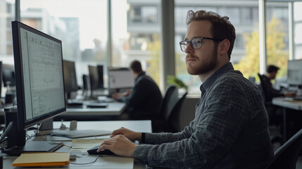 Young professional engineer sitting in modern office. Focused on computer screen, which displays 3D modeling software, construction projects. Office environment, other colleagues working at their desk