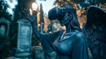 Fototapeta premium The scary angel of death wearing a VR headset and interacting with virtual reality in a graveyard at night times 