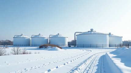 White Industrial Storage Tanks in a Snowy Landscape During a Cold Season