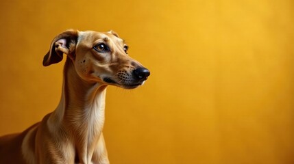 A graceful light brown dog with attentive gaze against a vibrant golden backdrop