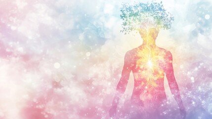Spiritual energy flowing through a human body, symbolized by a tree of life growing from the head.