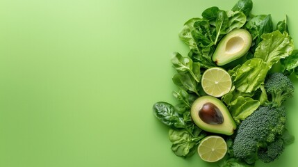 Fresh Green Vegetables and Fruits Arrangement on Lime Background