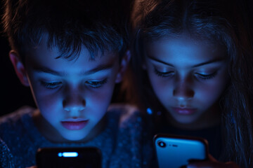 Young kids with smarthphone in the dark, light stream from phone to the face. Internet cyber danger and for kids and teenagers due to social media platforms.