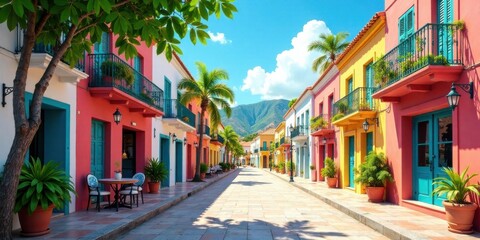 Fototapeta premium Vibrant Street Scene with Colorful Buildings, Lush Tropical Foliage, and Charming Balconies on a Sunny Day
