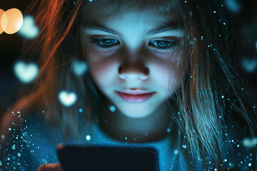 Young girl with smarthphone in the dark, light stream from phone to the face. Internet cyber danger and for kids and teenagers due to social media platforms.