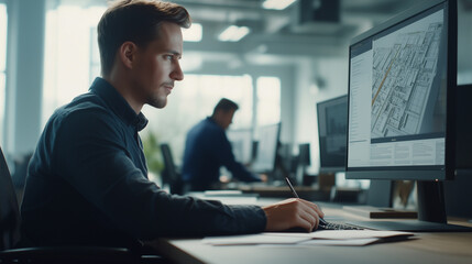 Young professional engineer sitting in modern office. Focused on computer screen, which displays 3D modeling software, construction projects. Office environment, other colleagues working at their desk