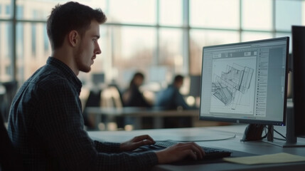 Young professional engineer sitting in modern office. Focused on computer screen, which displays 3D modeling software, construction projects. Office environment, other colleagues working at their desk