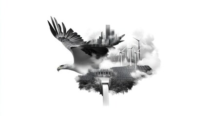 Naklejka premium Eagle soaring over sustainable cityscape urban environment digital art natural and human integration