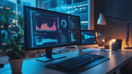 Fototapeta premium A sleek high-tech workspace with holographic displays showing production metrics.