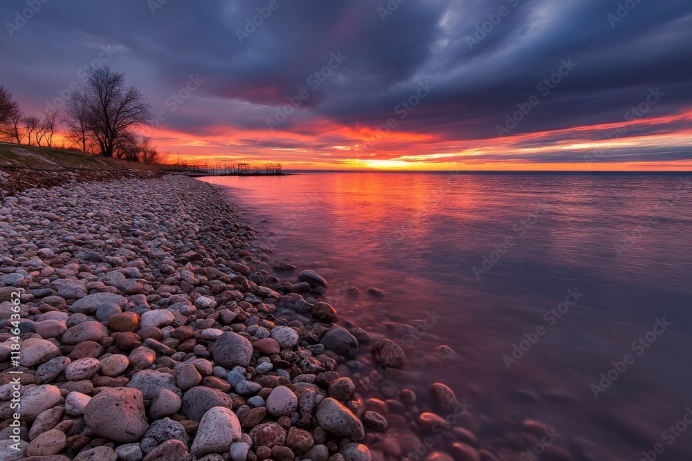 Poster dark clouds swirl overhead while vibrant hues of red and orange reflect off calm waters at sunset, c