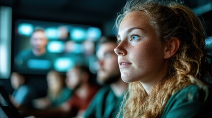 A thoughtful young woman sits in class, completely absorbed in the content being presented, embodying the essence of learning and intellectual curiosity among peers.