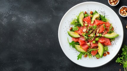 Fresh and Colorful Salad with Avocado, Salmon, and Nuts on Plate