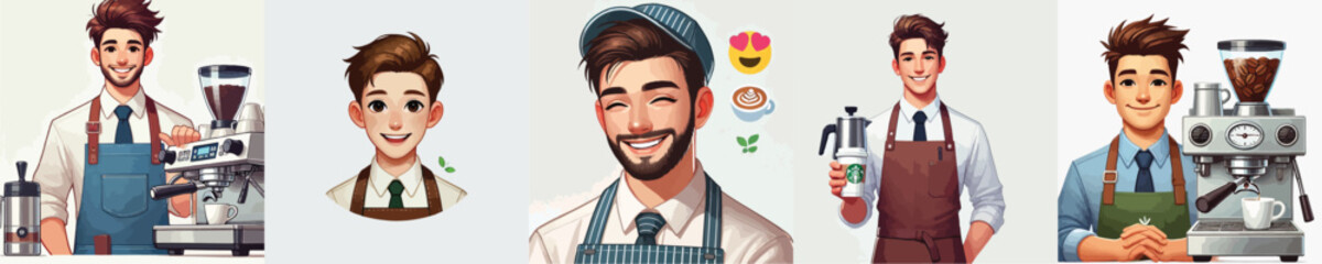set of handsome coffee barista vector characters