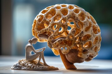 Fototapeta premium Figurative sculpture; woman reading under brain-shaped tree.