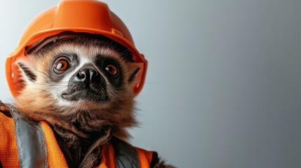 This lively raccoon, adorned in an orange hard hat and construction vest, strikes a confident pose, adding a fun and amusing twist to the idea of hard work.